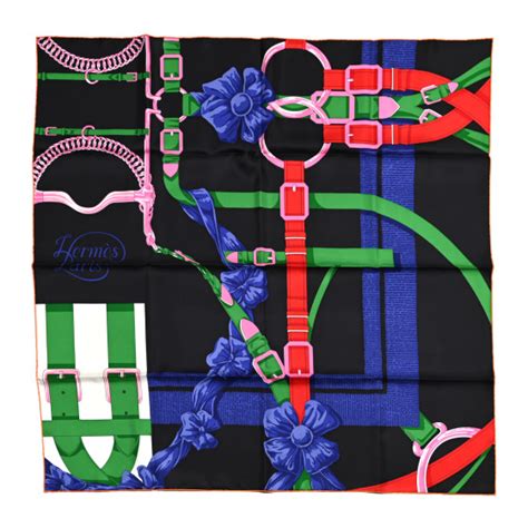 HERMES Silk Grand Manege Detail Scarf 90 Black Vert Rose